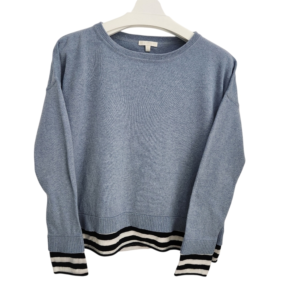 LISA TODD Blue Striped Trim Cotton Cashmere Sweater s